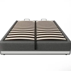 Lit Coffre 140x200 cm, Lit Double Ado avec LED et Ports USB Type-C, Structure MDF et Revêtement Lin, Sans Matelas - Beige