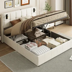 Lit coffre 160x200 cm, Lit double avec rangement et sommier à lattes, tissu en velours, lumière de lecture, Beige