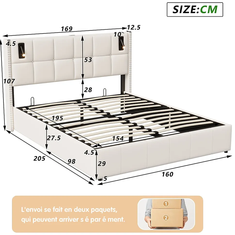 Lit coffre 160x200 cm, Lit double avec rangement et sommier à lattes, tissu en velours, lumière de lecture, Beige