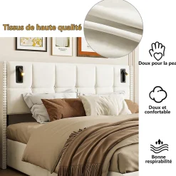 Lit coffre 160x200 cm, Lit double avec rangement et sommier à lattes, tissu en velours, lumière de lecture, Beige