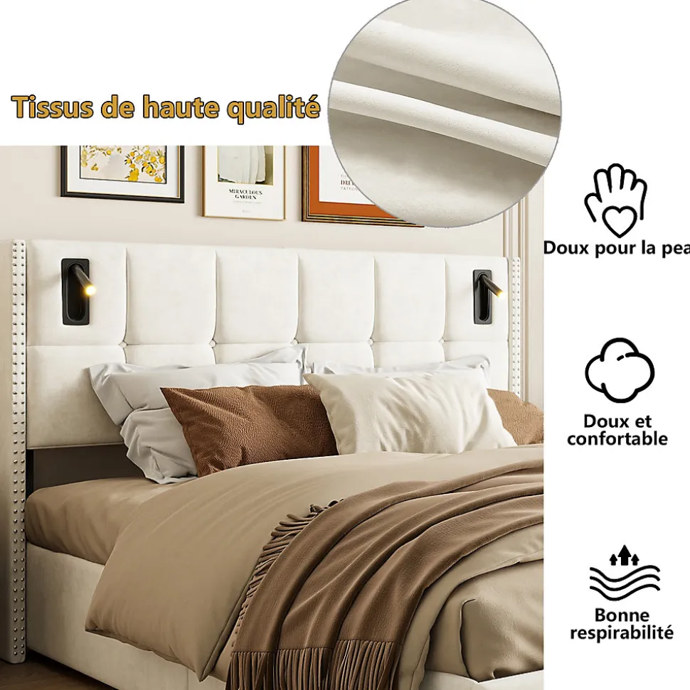 Lit coffre 160x200 cm, Lit double avec rangement et sommier à lattes, tissu en velours, lumière de lecture, Beige