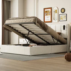 Lit coffre 160x200 cm, Lit double avec rangement et sommier à lattes, tissu en velours, lumière de lecture, Beige