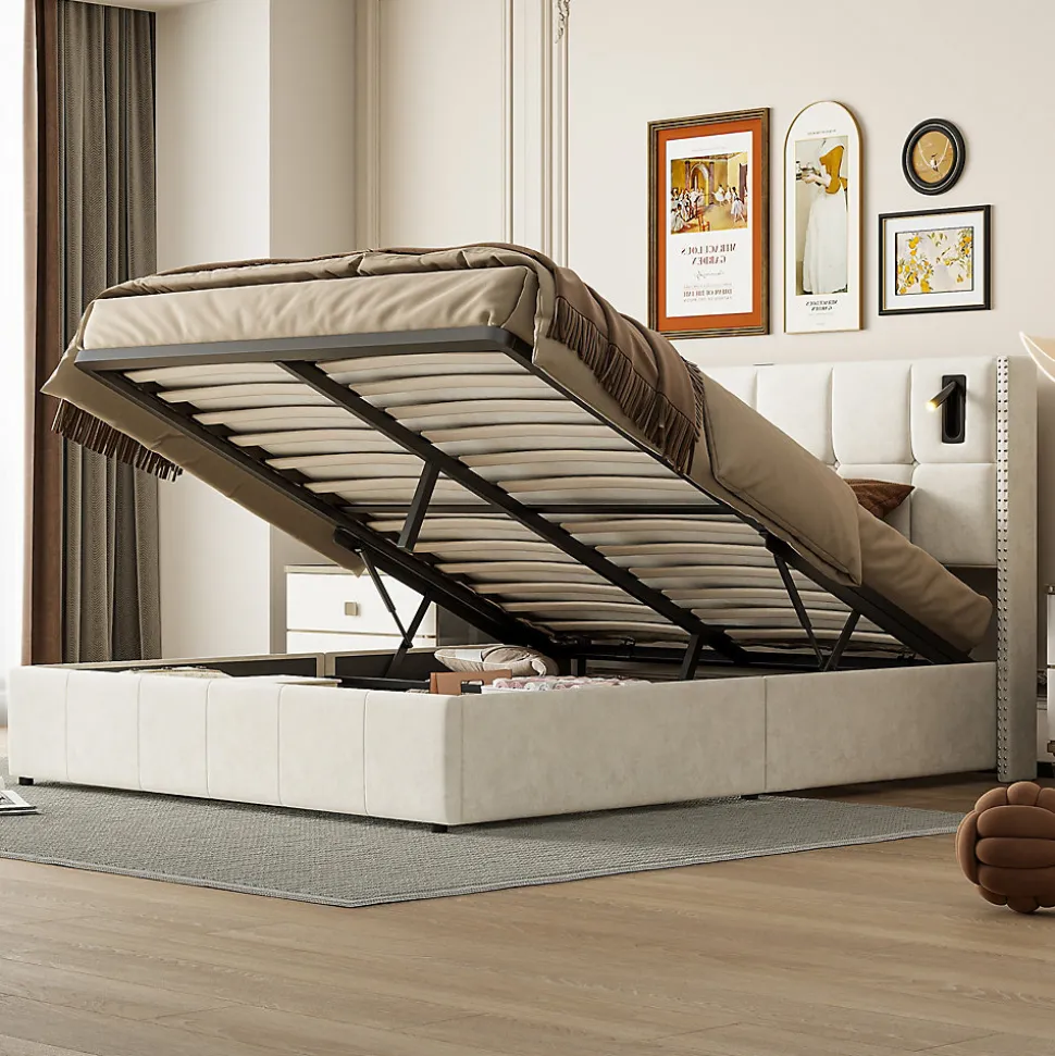 Lit coffre 160x200 cm, Lit double avec rangement et sommier à lattes, tissu en velours, lumière de lecture, Beige
