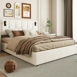 Lit coffre 160x200 cm, Lit double avec rangement et sommier à lattes, tissu en velours, lumière de lecture, Beige