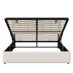 Lit coffre 160x200 cm, Lit double avec rangement et sommier à lattes, tissu en velours, lumière de lecture, Beige