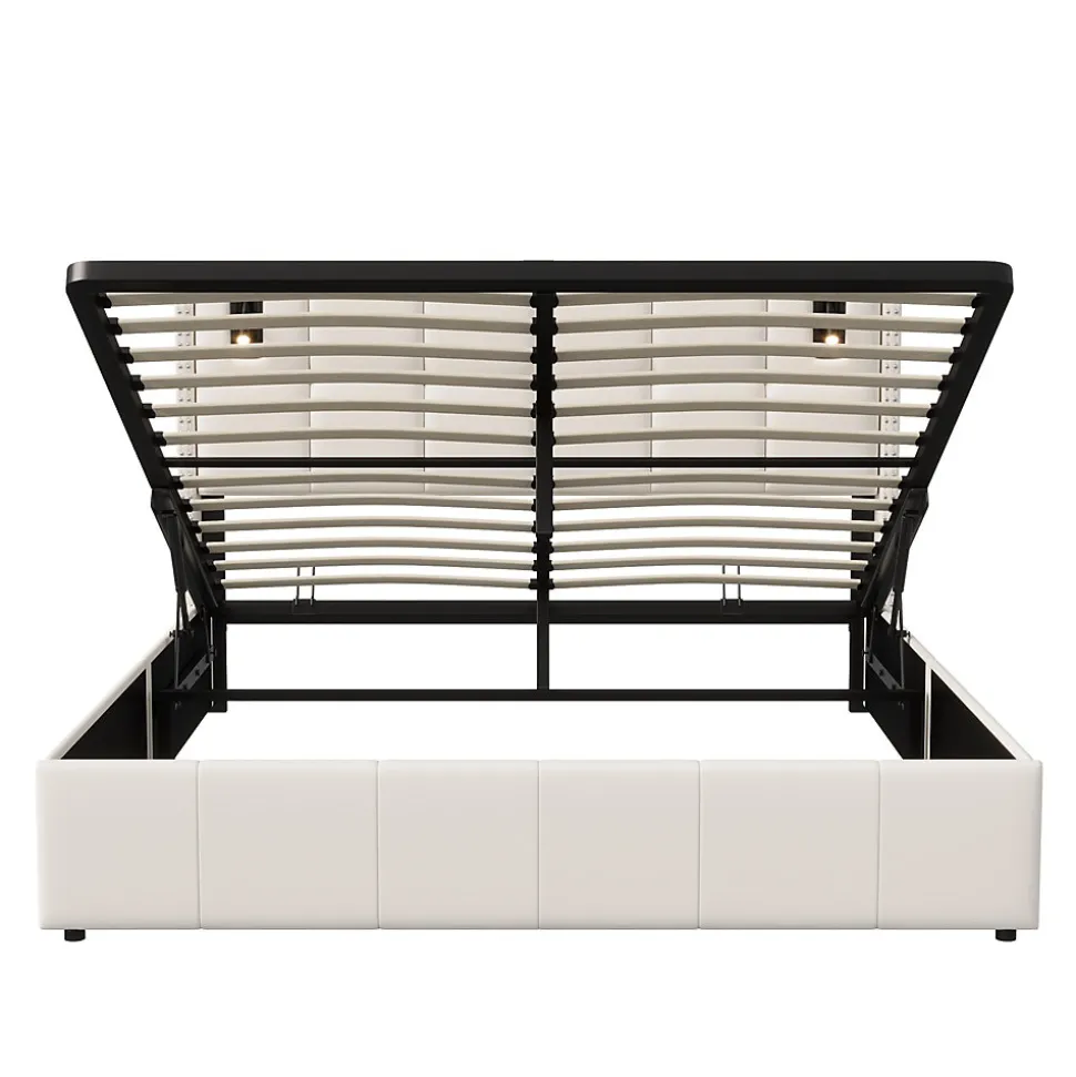 Lit coffre 160x200 cm, Lit double avec rangement et sommier à lattes, tissu en velours, lumière de lecture, Beige