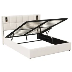 Lit coffre 160x200 cm, Lit double avec rangement et sommier à lattes, tissu en velours, lumière de lecture, Beige