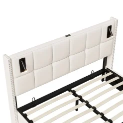 Lit coffre 160x200 cm, Lit double avec rangement et sommier à lattes, tissu en velours, lumière de lecture, Beige