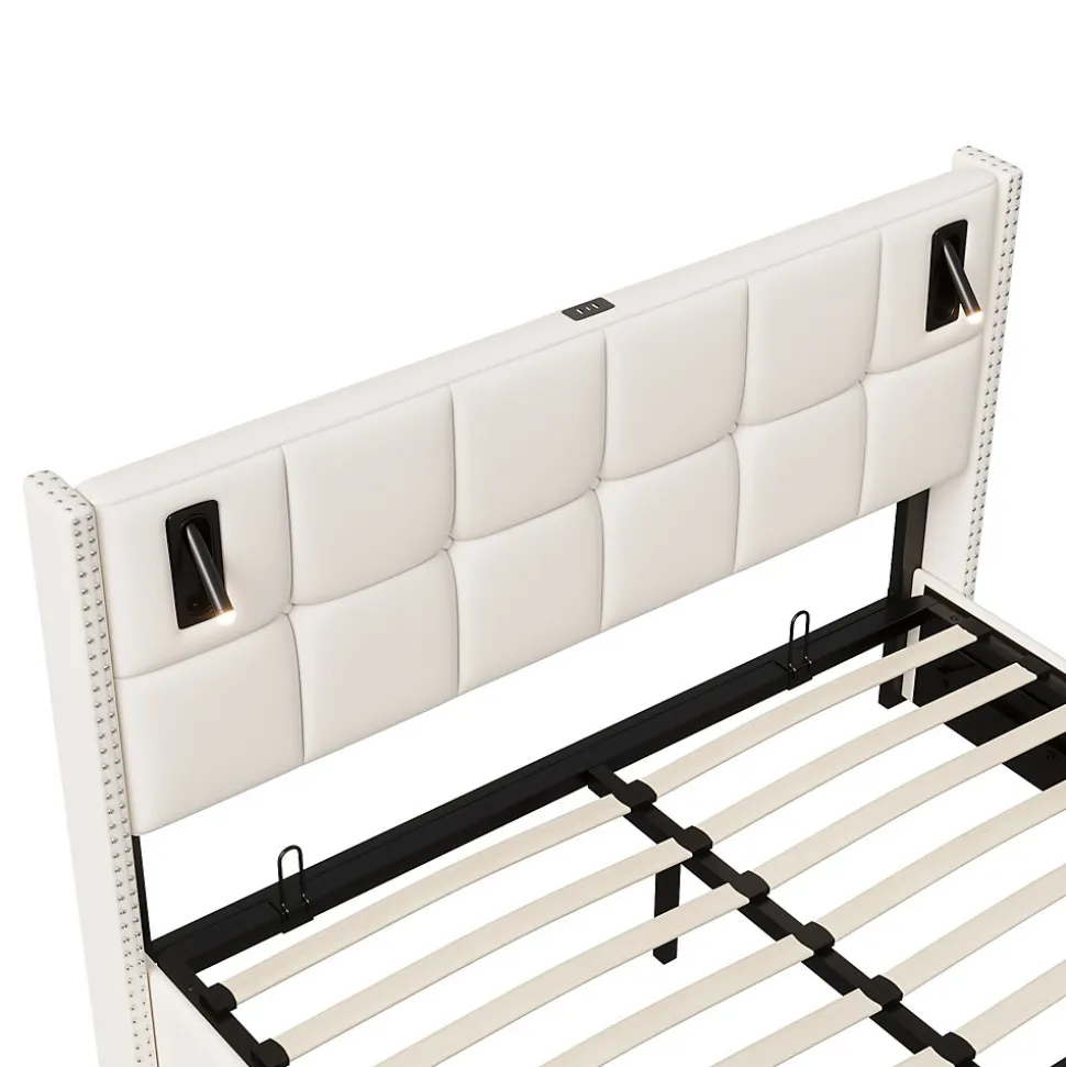 Lit coffre 160x200 cm, Lit double avec rangement et sommier à lattes, tissu en velours, lumière de lecture, Beige