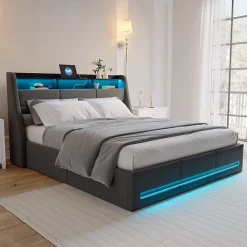 Lit coffre 140x200 cm, Lit rembourré avec rangement hydraulique, LED multicolore, tête de lit avec USB, Gris