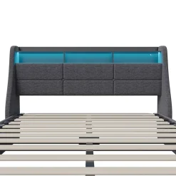 Lit coffre 140x200 cm, Lit rembourré avec rangement hydraulique, LED multicolore, tête de lit avec USB, Gris