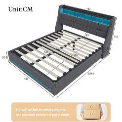 Lit coffre 140x190 cm, Lit rembourré avec rangement hydraulique, LED et USB, tête de lit, Gris