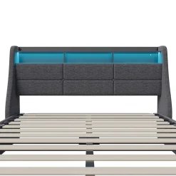 Lit coffre 140x190 cm, Lit rembourré avec rangement hydraulique, LED et USB, tête de lit, Gris