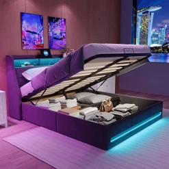 Lit coffre 140x190 cm, Lit rembourré avec rangement hydraulique, LED et USB, tête de lit avec prise, Gris