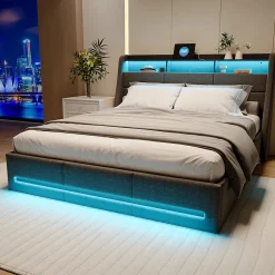 Lit coffre 140x190 cm, Lit rembourré avec rangement hydraulique, LED et USB, tête de lit avec prise, Gris