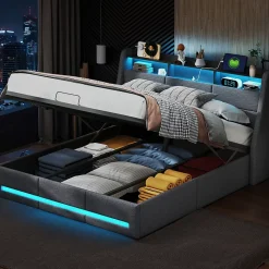 Lit coffre 140x190 cm, Lit rembourré avec rangement hydraulique, LED et USB, tête de lit avec prise, Gris