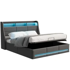 Lit coffre 140x190 cm, Lit rembourré avec rangement hydraulique, LED et USB, tête de lit avec prise, Gris