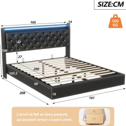Lit Coffre 160x200 cm PU Noir, LED, Charge USB, Rembourré, Rangement, Sommier à Lattes, Cadre, 2 Personnes
