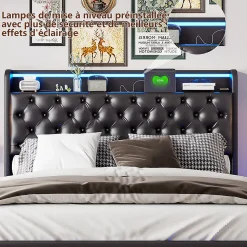 Lit Coffre 160x200 cm PU Noir, LED, Charge USB, Rembourré, Rangement, Sommier à Lattes, Cadre, 2 Personnes