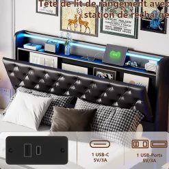 Lit Coffre 160x200 cm PU Noir, LED, Charge USB, Rembourré, Rangement, Sommier à Lattes, Cadre, 2 Personnes
