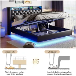 Lit Coffre 160x200 cm PU Noir, LED, Charge USB, Rembourré, Rangement, Sommier à Lattes, Cadre, 2 Personnes