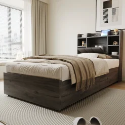 Lit Coffre 90x200 cm Simple avec Ports USB et Type-C Intégrés, Rangement Fonctionnel en Bois - Sans Matelas - Gris