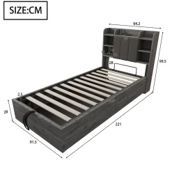Lit Coffre 90x200 cm Simple avec Ports USB et Type-C Intégrés, Rangement Fonctionnel en Bois - Sans Matelas - Gris