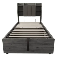 Lit Coffre 90x200 cm Simple avec Ports USB et Type-C Intégrés, Rangement Fonctionnel en Bois - Sans Matelas - Gris