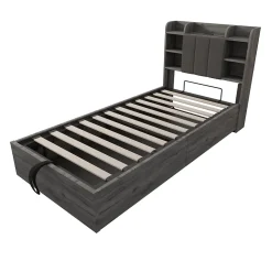 Lit Coffre 90x200 cm Simple avec Ports USB et Type-C Intégrés, Rangement Fonctionnel en Bois - Sans Matelas - Gris