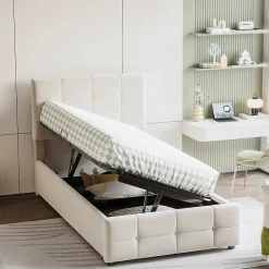 Lit Coffre 90x200 cm Simple Capitonné avec Coffre Hydraulique et Rangement, Lit Velours Beige avec Sommier à Lattes