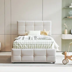 Lit Coffre 90x200 cm Simple Capitonné avec Coffre Hydraulique et Rangement, Lit Velours Beige avec Sommier à Lattes