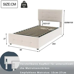 Lit Coffre 90x200 cm Simple Capitonné avec Coffre Hydraulique et Rangement, Lit Velours Beige avec Sommier à Lattes