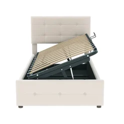 Lit Coffre 90x200 cm Simple Capitonné avec Coffre Hydraulique et Rangement, Lit Velours Beige avec Sommier à Lattes