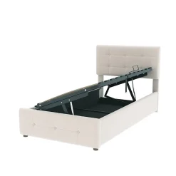 Lit Coffre 90x200 cm Simple Capitonné avec Coffre Hydraulique et Rangement, Lit Velours Beige avec Sommier à Lattes