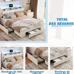 Lit coffre 140x190 cm, sommier, tiroirs, tête de lit rembourrée, LED, USB/Type-C, velours beige (2 personnes).
