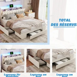 Lit coffre 140x190 cm, sommier, tiroirs, tête de lit rembourrée, LED, USB/Type-C, velours beige (2 personnes).