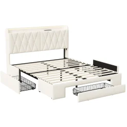 Lit coffre 140x190 cm, sommier, tiroirs, tête de lit rembourrée, LED, USB/Type-C, velours beige (2 personnes).