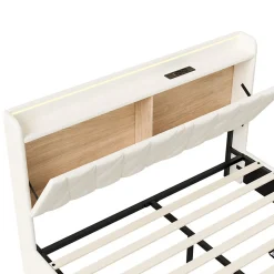 Lit coffre 140x190 cm, sommier, tiroirs, tête de lit rembourrée, LED, USB/Type-C, velours beige (2 personnes).