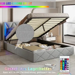 Lit Coffre 160x200 cm, Tête de lit avec LED, lit Double avec sommier à Lattes,Velours,Beige