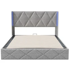 Lit Coffre 160x200 cm, Tête de lit avec LED, lit Double avec sommier à Lattes,Velours,Beige