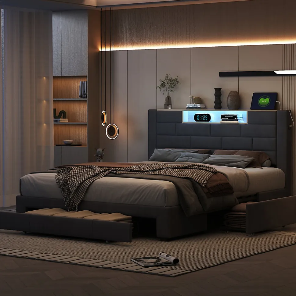 Lit coffre 160x200 cm velours gris, vérins hydrauliques, tête de lit LED 7 couleurs, ports USB/Type-C, tiroirs de rangement.