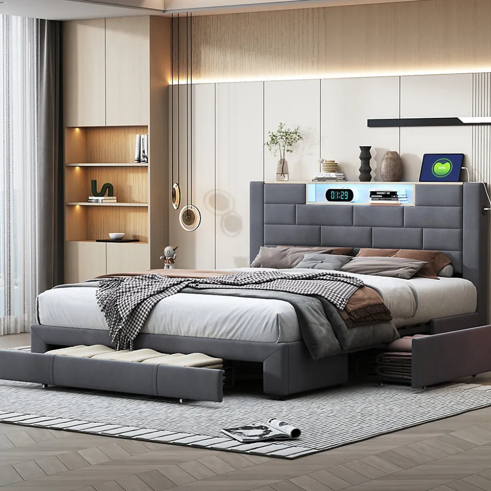 Lit coffre 160x200 cm velours gris, vérins hydrauliques, tête de lit LED 7 couleurs, ports USB/Type-C, tiroirs de rangement.