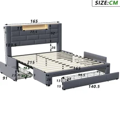 Lit coffre 160x200 cm velours gris, vérins hydrauliques, tête de lit LED 7 couleurs, ports USB/Type-C, tiroirs de rangement.