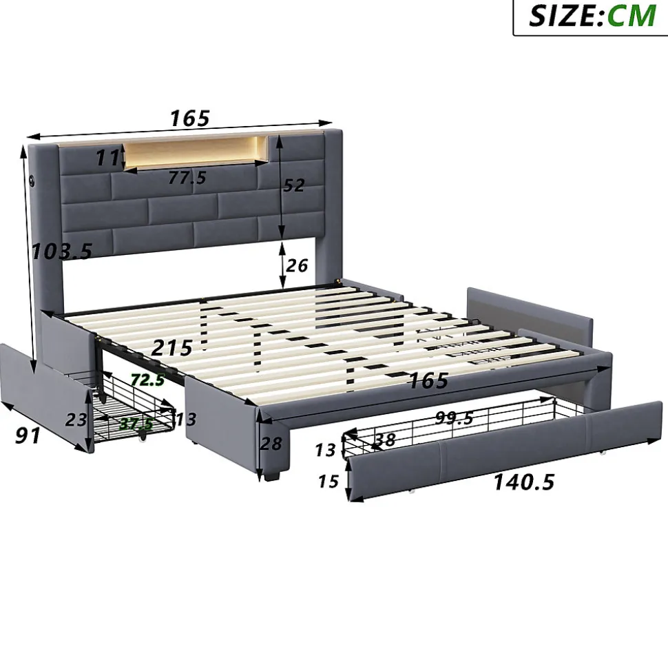 Lit coffre 160x200 cm velours gris, vérins hydrauliques, tête de lit LED 7 couleurs, ports USB/Type-C, tiroirs de rangement.