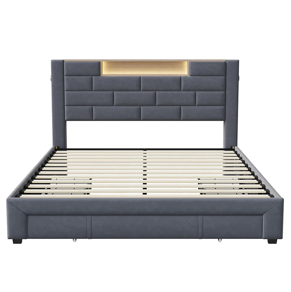 Lit coffre 160x200 cm velours gris, vérins hydrauliques, tête de lit LED 7 couleurs, ports USB/Type-C, tiroirs de rangement.