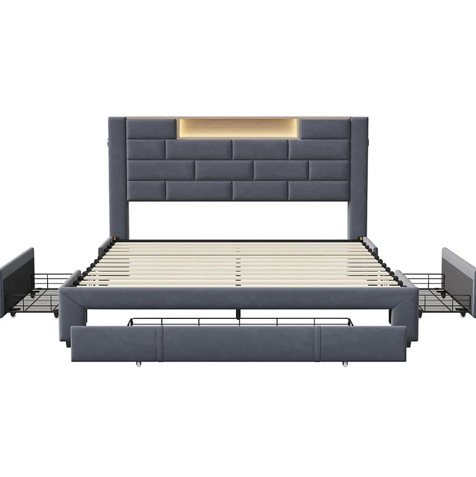 Lit coffre 160x200 cm velours gris, vérins hydrauliques, tête de lit LED 7 couleurs, ports USB/Type-C, tiroirs de rangement.