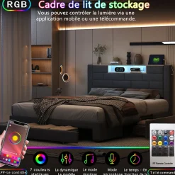 Lit coffre 160x200 cm velours gris, vérins hydrauliques, tête de lit LED 7 couleurs, ports USB/Type-C, tiroirs de rangement.