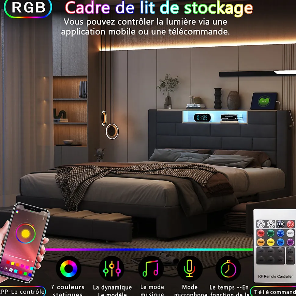 Lit coffre 160x200 cm velours gris, vérins hydrauliques, tête de lit LED 7 couleurs, ports USB/Type-C, tiroirs de rangement.