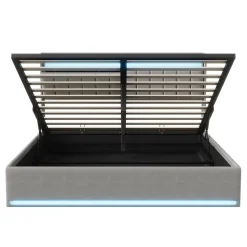 Lit Coffre 160x200 cm Velours Gris, LED, Charge USB, Rembourré, Rangement, Tête de lit, Sommier à Lattes, 2 Personnes