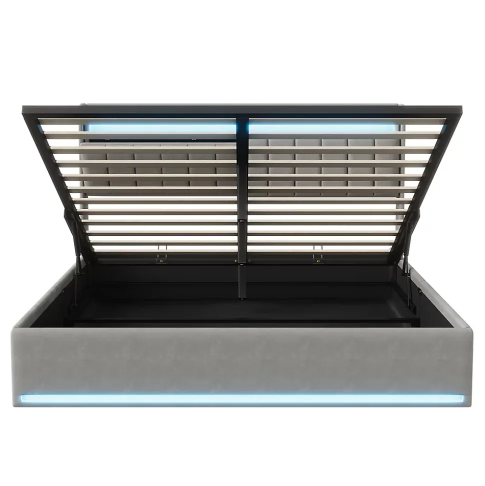 Lit Coffre 160x200 cm Velours Gris, LED, Charge USB, Rembourré, Rangement, Tête de lit, Sommier à Lattes, 2 Personnes